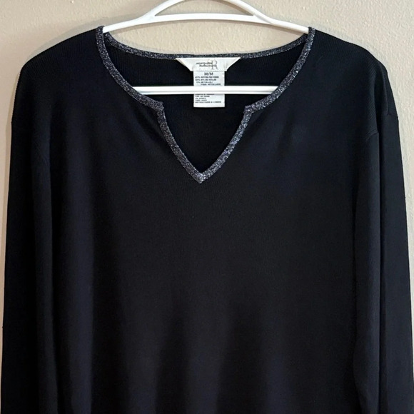 90s Vintage Northern Reflections Black V-Neck Sweater w Silver Trim - Picture 3 of 9